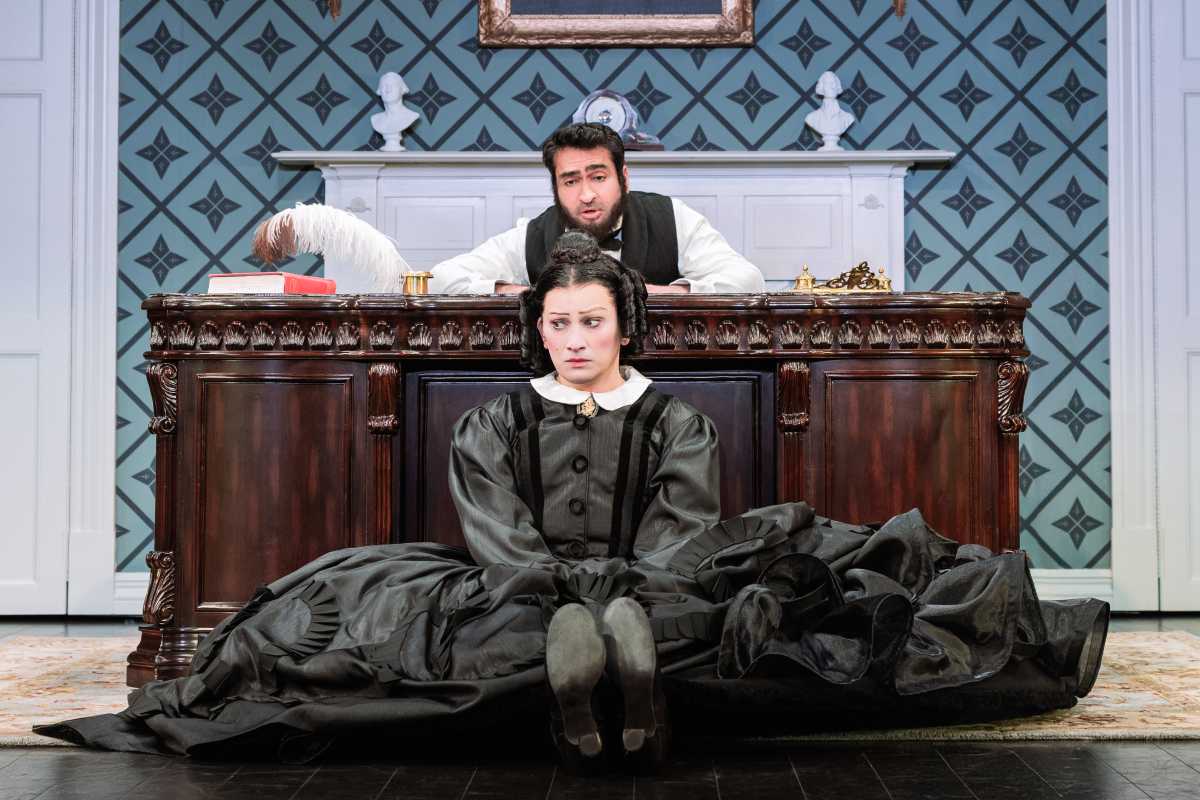 man in drag and man at desk in "Oh, Mary!" production on Broadway