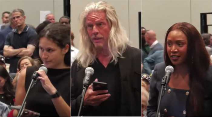 Jolie Nelsen, left, her father Jon Nelsen, center, and his partner Ebony Mackey, right, testify in support of the proposed Avenir casino during a Community Advisory Committee hearing at the Javits Center on Monday, Sept. 8