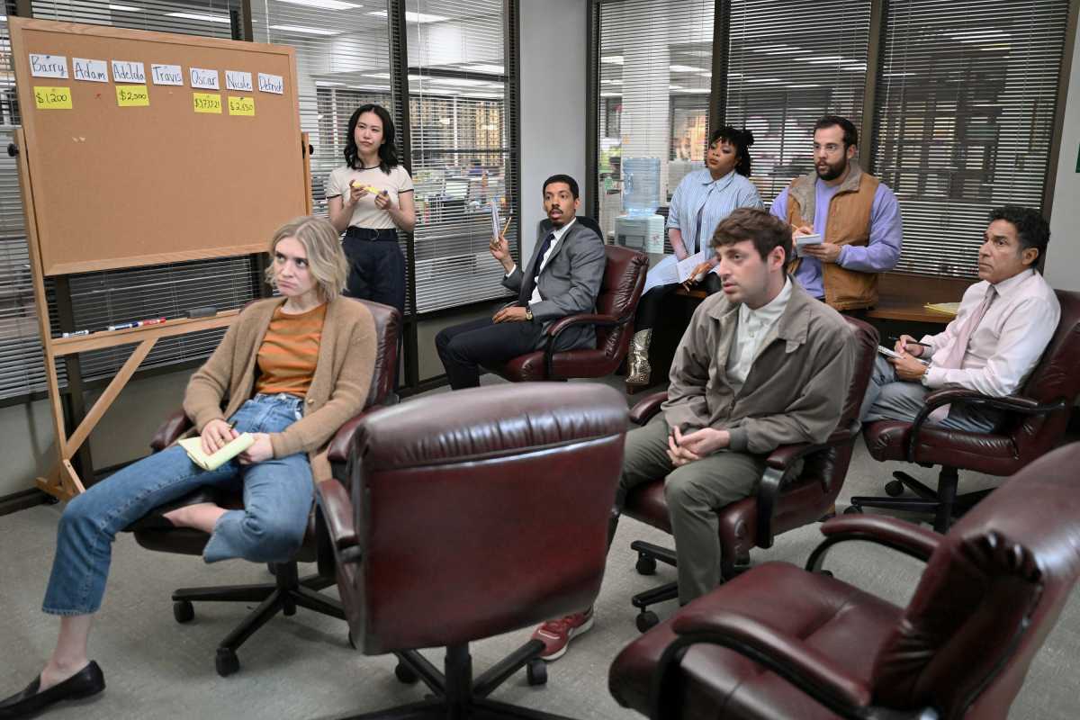The Paper -- Episode 105 -- Pictured: (l-r) Chelsea Frei as Mare, Ramona Young as Nicole, Melvin Gregg as Detrick, Gbemisola Ikumelo as Adelola, Alex Edelman as Adam, Eric Rahill as Travis, Oscar Nunez as Oscar