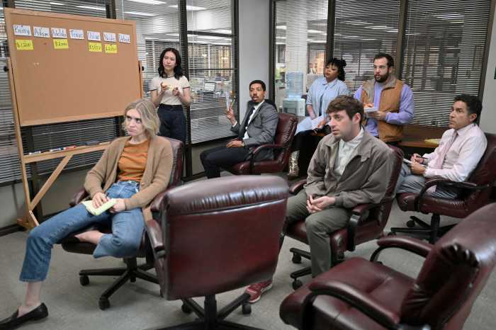 The Paper -- Episode 105 -- Pictured: (l-r) Chelsea Frei as Mare, Ramona Young as Nicole, Melvin Gregg as Detrick, Gbemisola Ikumelo as Adelola, Alex Edelman as Adam, Eric Rahill as Travis, Oscar Nunez as Oscar