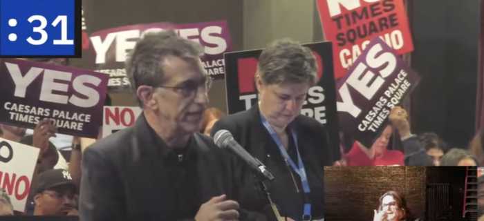 Jay-Z–backed Times Square casino faces Broadway’s refusal to share the spotlight at final public hearing 5 Matt Goldman, co-founder of Blue Man Group and executive director of the Town Hall Foundation, speaks in support of the proposed Jay-Z–backed casino