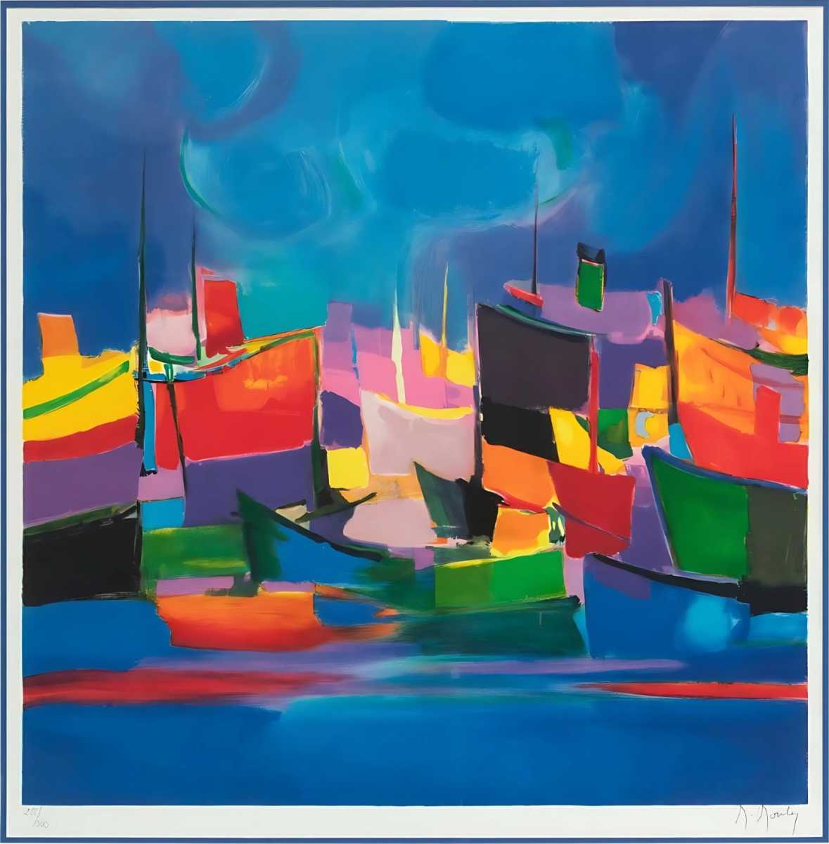 Marcel Mouly: Color breathes and structure sings in Soho exhibit 2 "Boats in Harbor" by Marcel Mouly