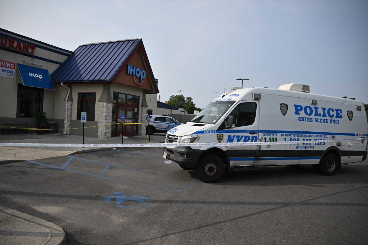 NYPD van outside IHOP restaurant in Brooklyn