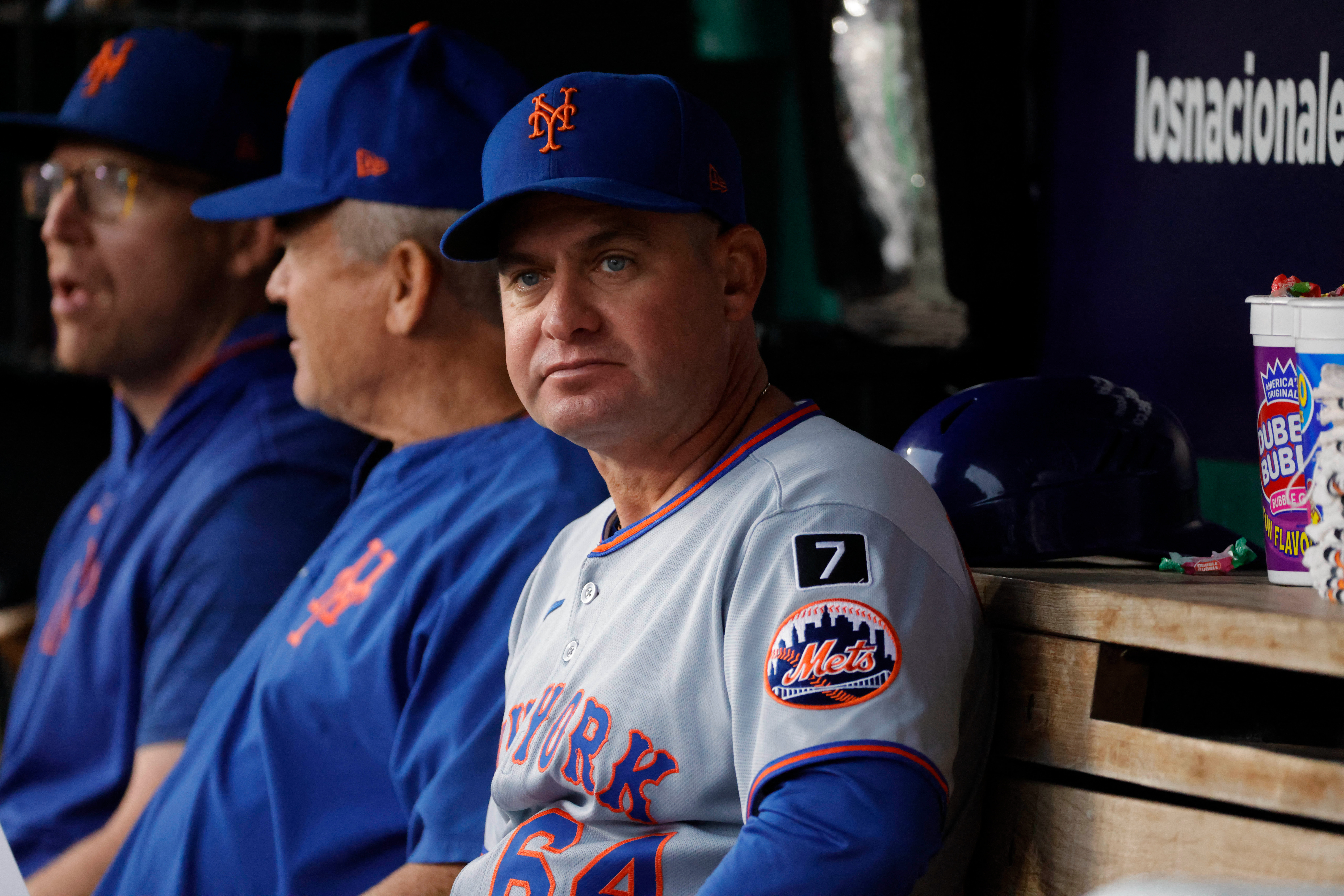 Carlos Mendoza John Gibbons Mets coaching staff grey uniforms sitting