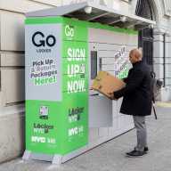 Hold everything! DOT expands free delivery lockers on NYC sidewalks 13 man holding a box near free delivery lockers on a sidewalk