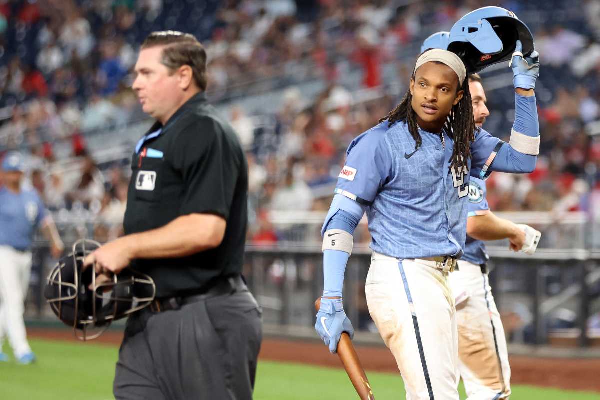 MLB ABS system approval CJ Abrams Nationals: Man in light blue uniform reacts to being called out on strikes