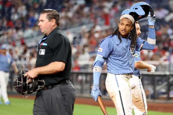 MLB ABS system approval CJ Abrams Nationals: Man in light blue uniform reacts to being called out on strikes