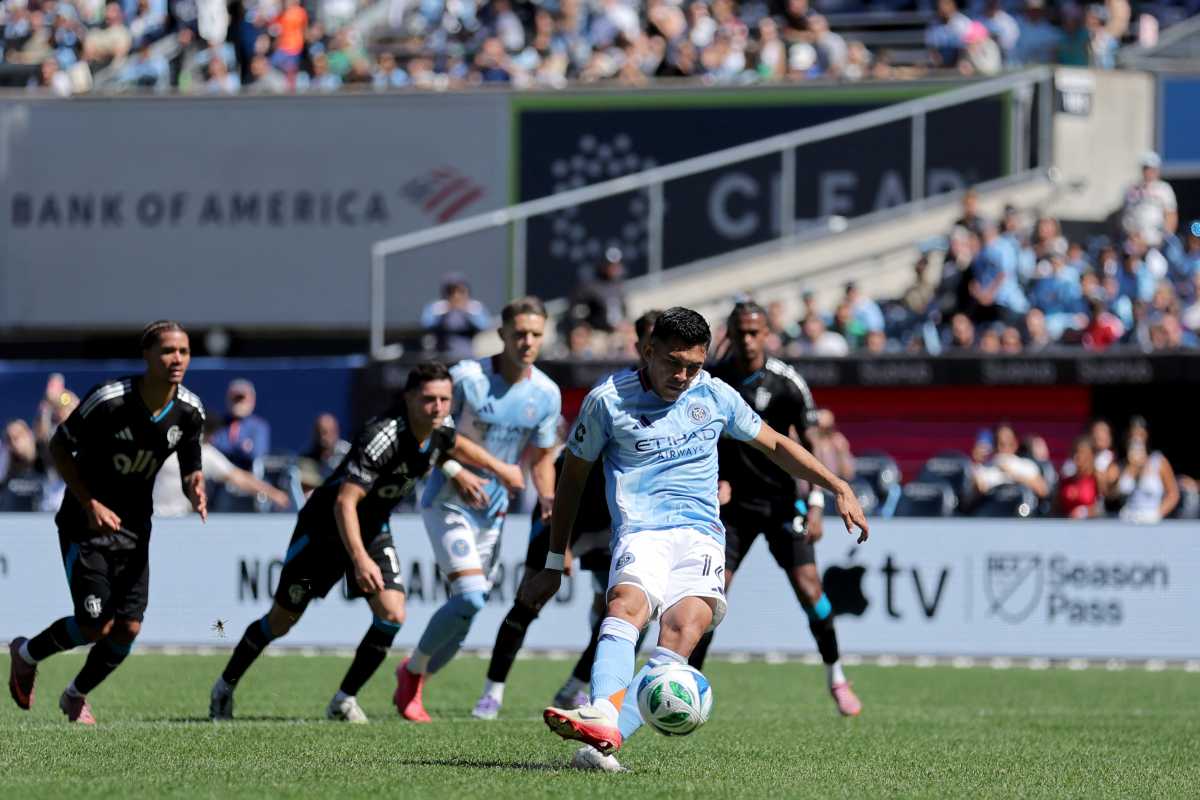 NYCFC Charlotte penalty Alonso Martinez: Man in blue uniform kicks ball