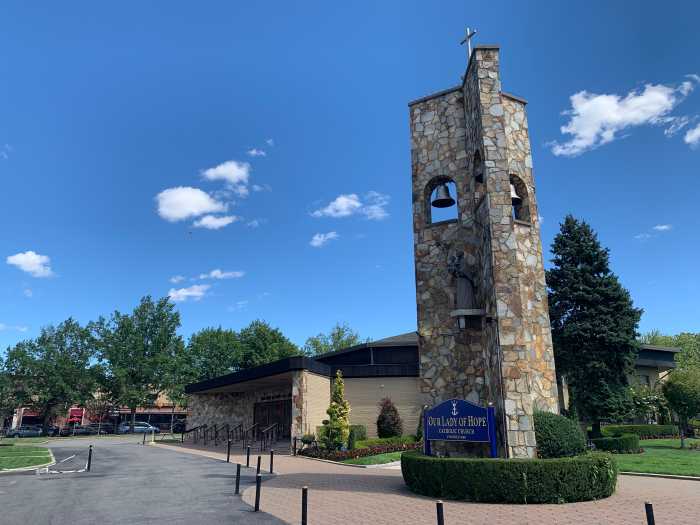a Catholic church on a clear day
