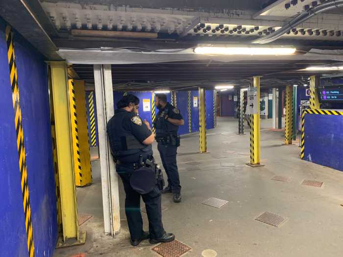 MTA cracks down on free rides at notorious fare evasion hotspot in Queens 2 police officers in uniform inside a subway station