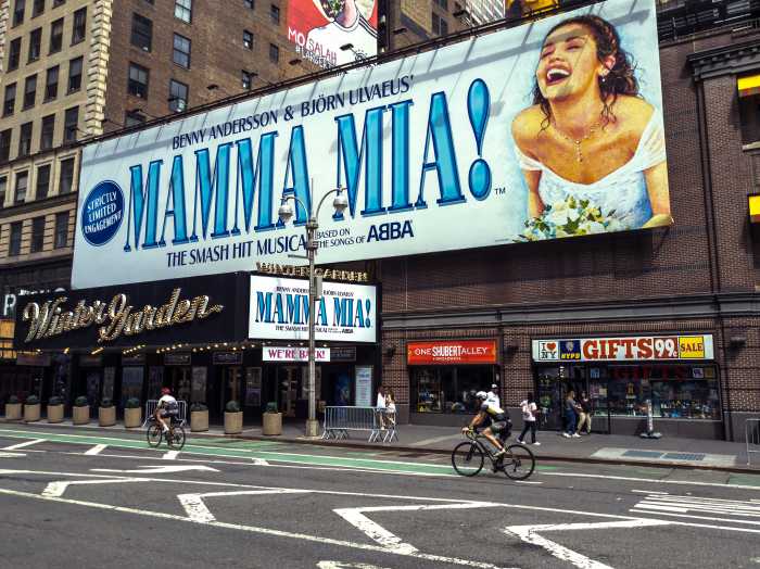 The marquee for Mamma Mia! at the Winter Garden Theatre, one of 31 musicals and plays running on Broadway during the 2025–2026 season.