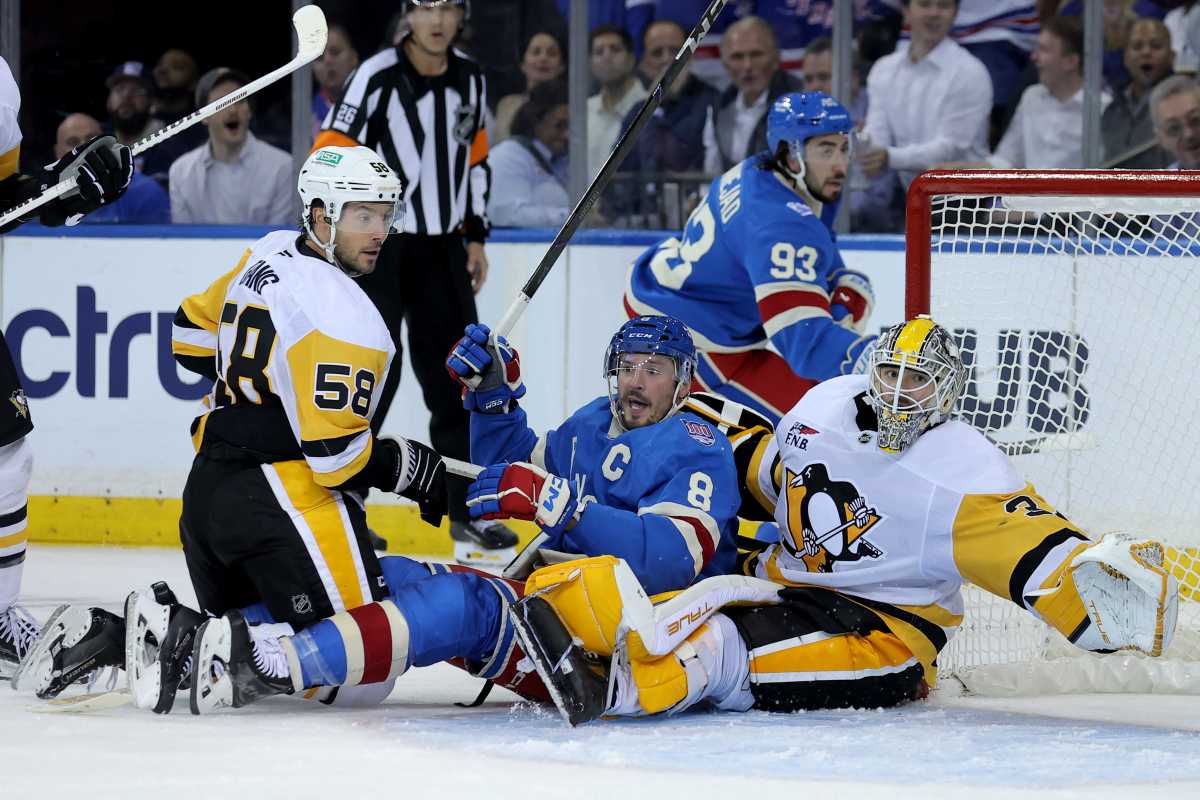 JT Miller net front Rangers Penguins opening night 2025