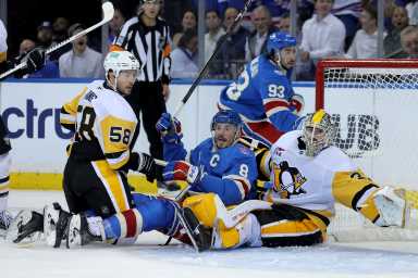 JT Miller net front Rangers Penguins opening night 2025