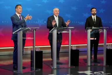 Three candidates on NYC Mayor's Debate stage cuomo mamdani sliwa