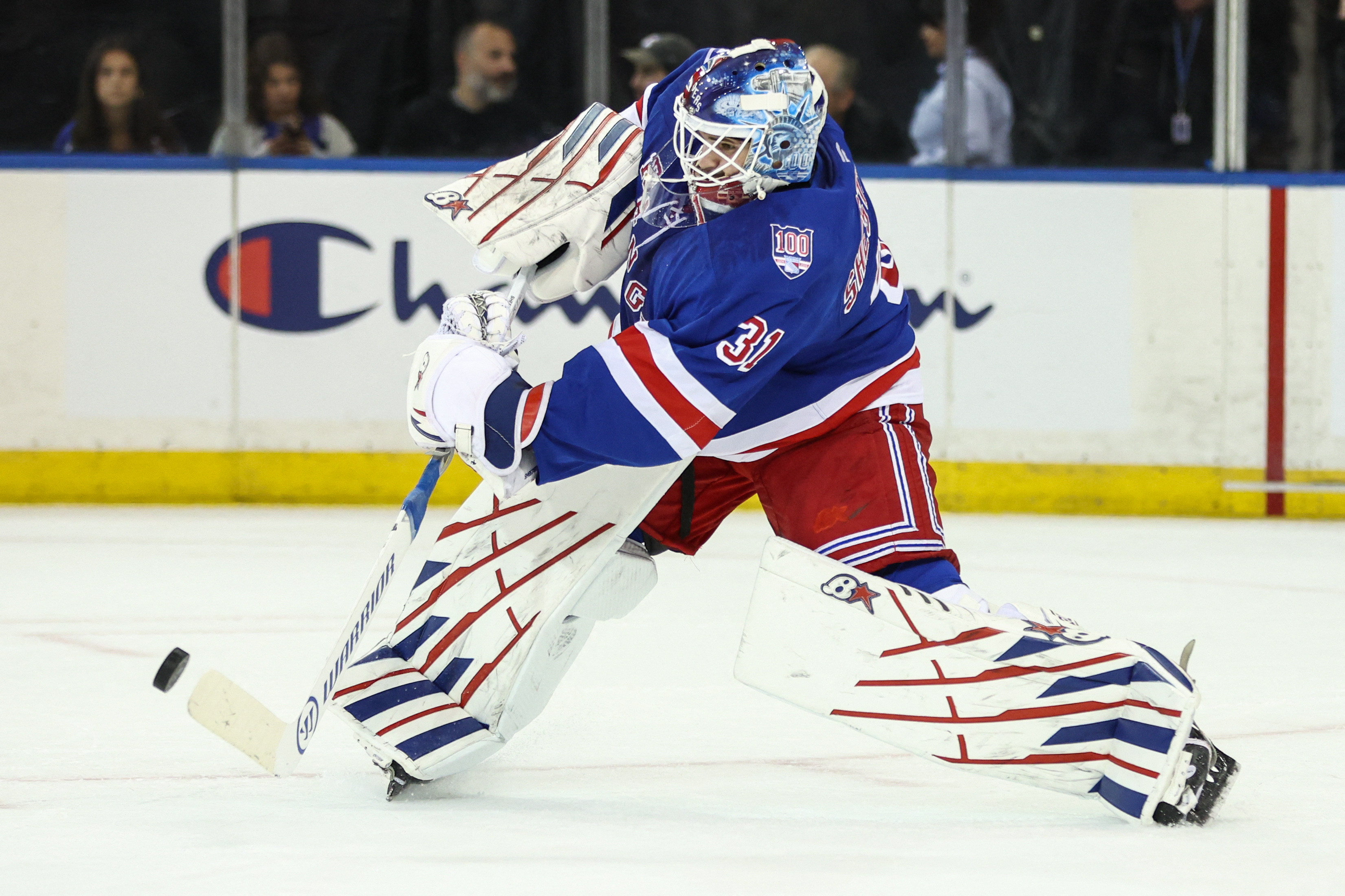 Oct 23, 2025; New York, New York, USA;  New York Rangers goaltender Igor Shesterkin (31) deflects the puck in the second period against the San Jose Sharks at Madison Square Garden. 