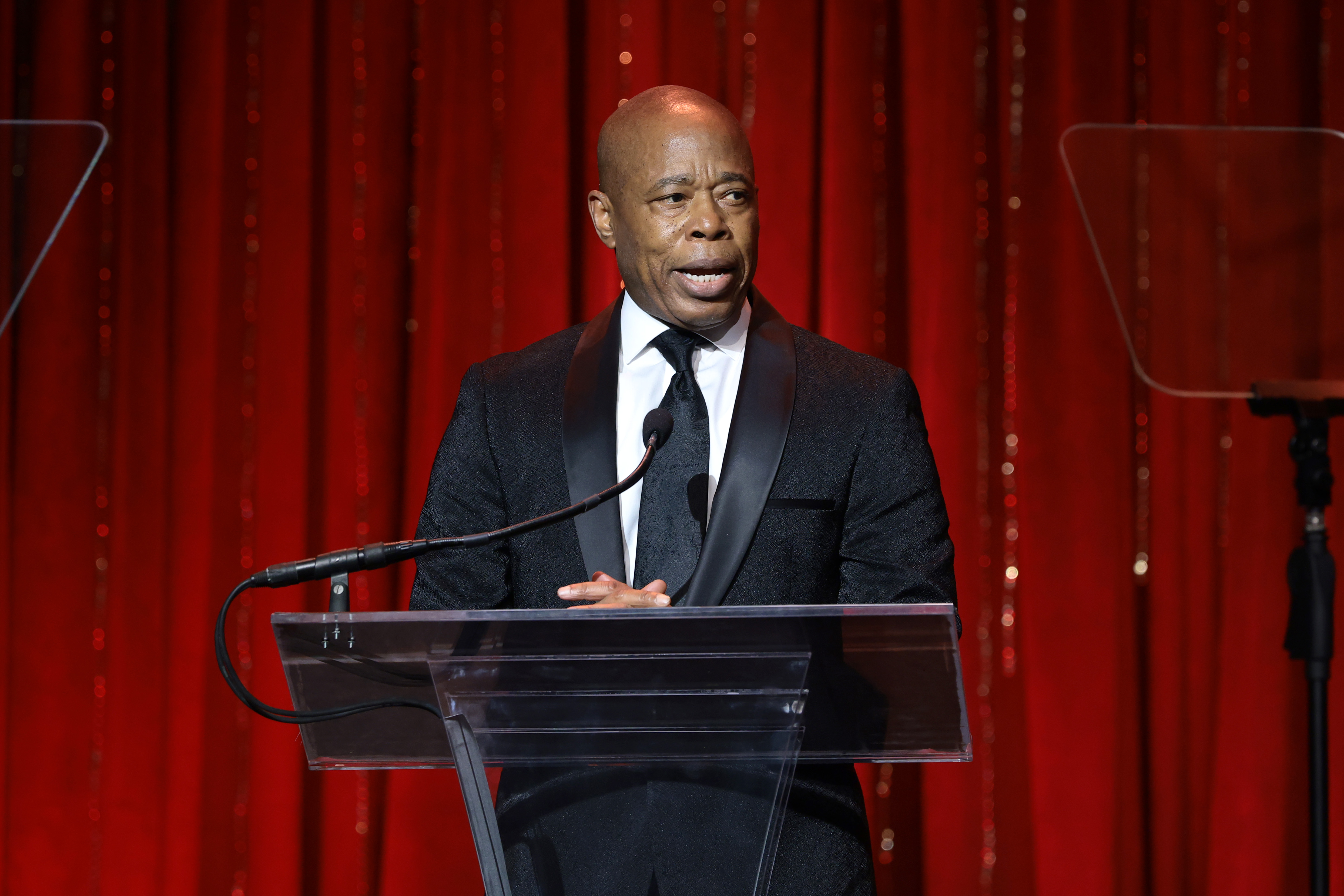 Mayor Eric Adams speaks onstage as Gabrielle's Angel Foundation Hosts Angel Ball 2025 at Cipriani Wall Street on October 27, 2025 in New York City. 