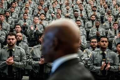 Mayor Eric Adams addressing NYPD Cadets at the Police Academy in Queens on Friday, October, 10.