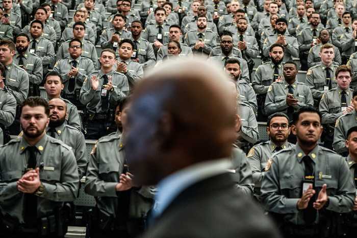 Mayor Eric Adams addressing NYPD Cadets at the Police Academy in Queens on Friday, October, 10.