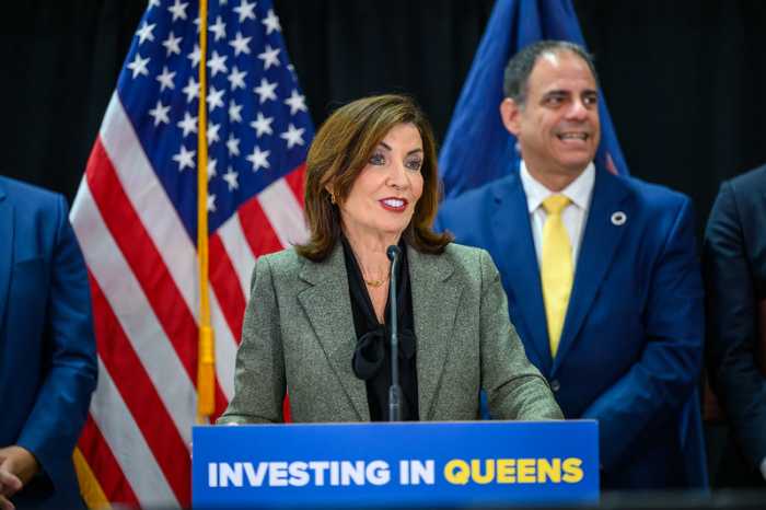 Gov. Kathy Hochul speaks at an event in Astoria, Queens, Tuesday, condemning a recently exposed Young Republican group chat as “vile” and calling for accountability from party leadership.