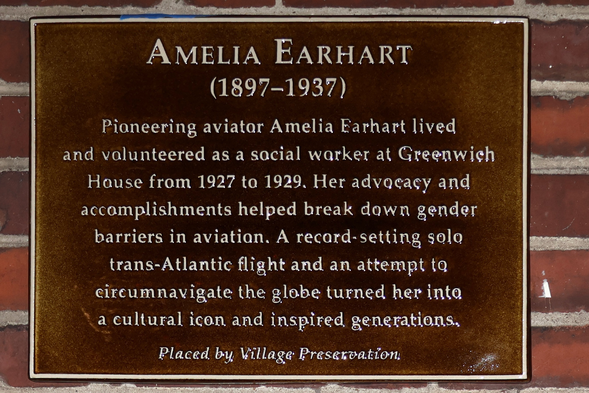 Plaque goes up in the Village honoring Amelia Earhart 3 The plaque, created to honor Amelia Earhart.