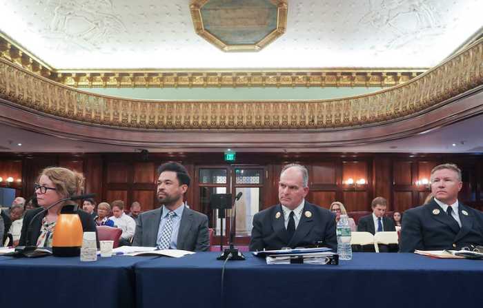 FDNY Chief Thomas Currao, Chief of Prevention, and Chief Joseph Loftus, Acting Chief of Hazmat Operations, along with city officials Kathleen Schmidt, and Elijah Hutchinson, testify before the City Council