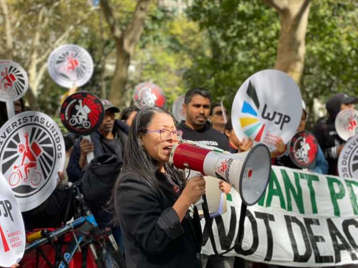 An NYC deliverista’s job vanished overnight. In four months, so did a thousand others. 'I just want my app back' 4 Ligia Guallpa, executive director of Workers’ Justice Project, speaking Thursday's rally, highlighting over 1,000 deactivation appeals filed with Grubhub, DoorDash, and Uber in recent months.