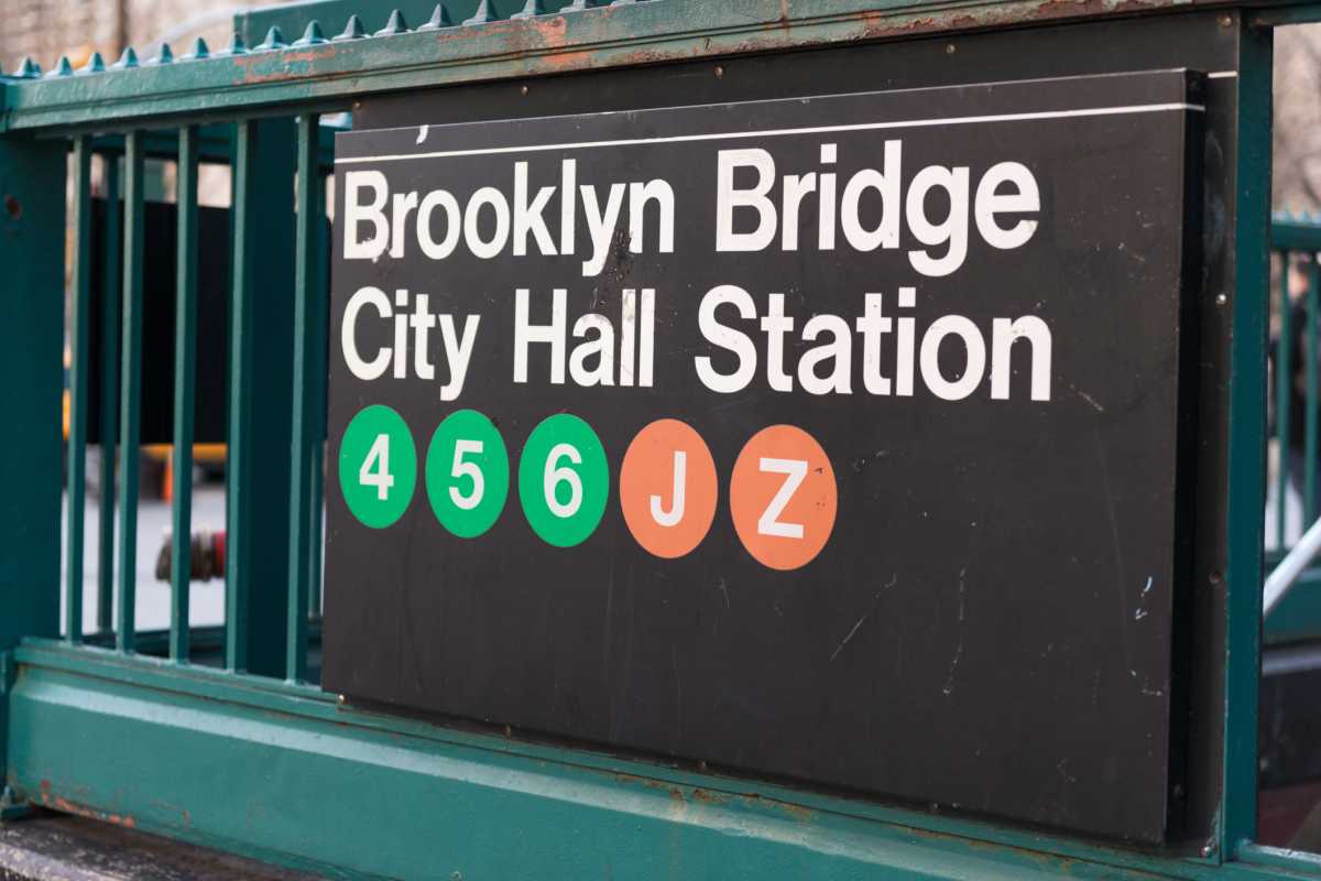 New York, USA - January 11, 2016: A subway sign at the Brooklyn Bridge City Hall Station late in the day.