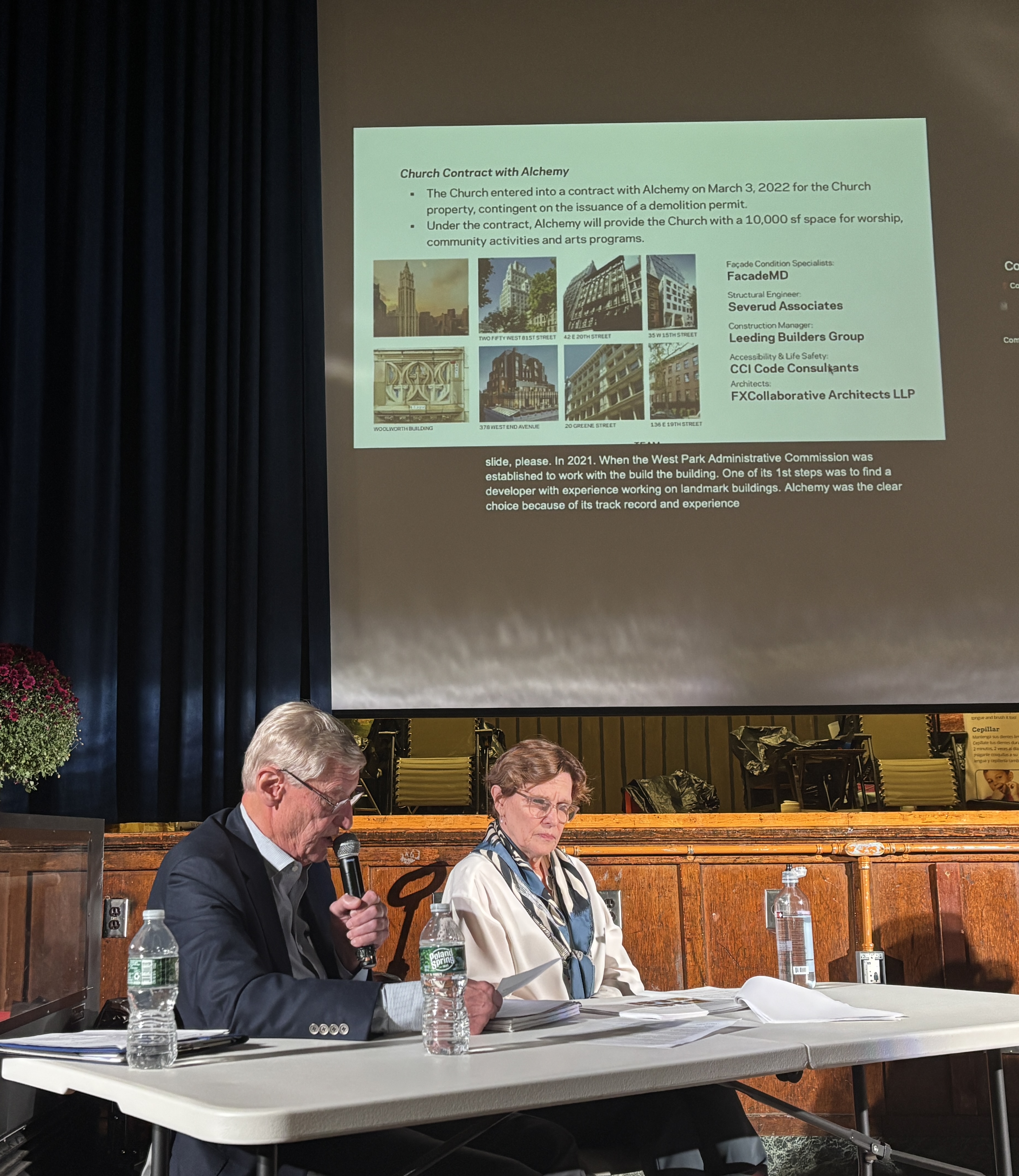 Hundreds oppose Upper West Side church demolition at community meeting 2 Church representatives Roger Leaf and Valerie Campbell in front of their presentation