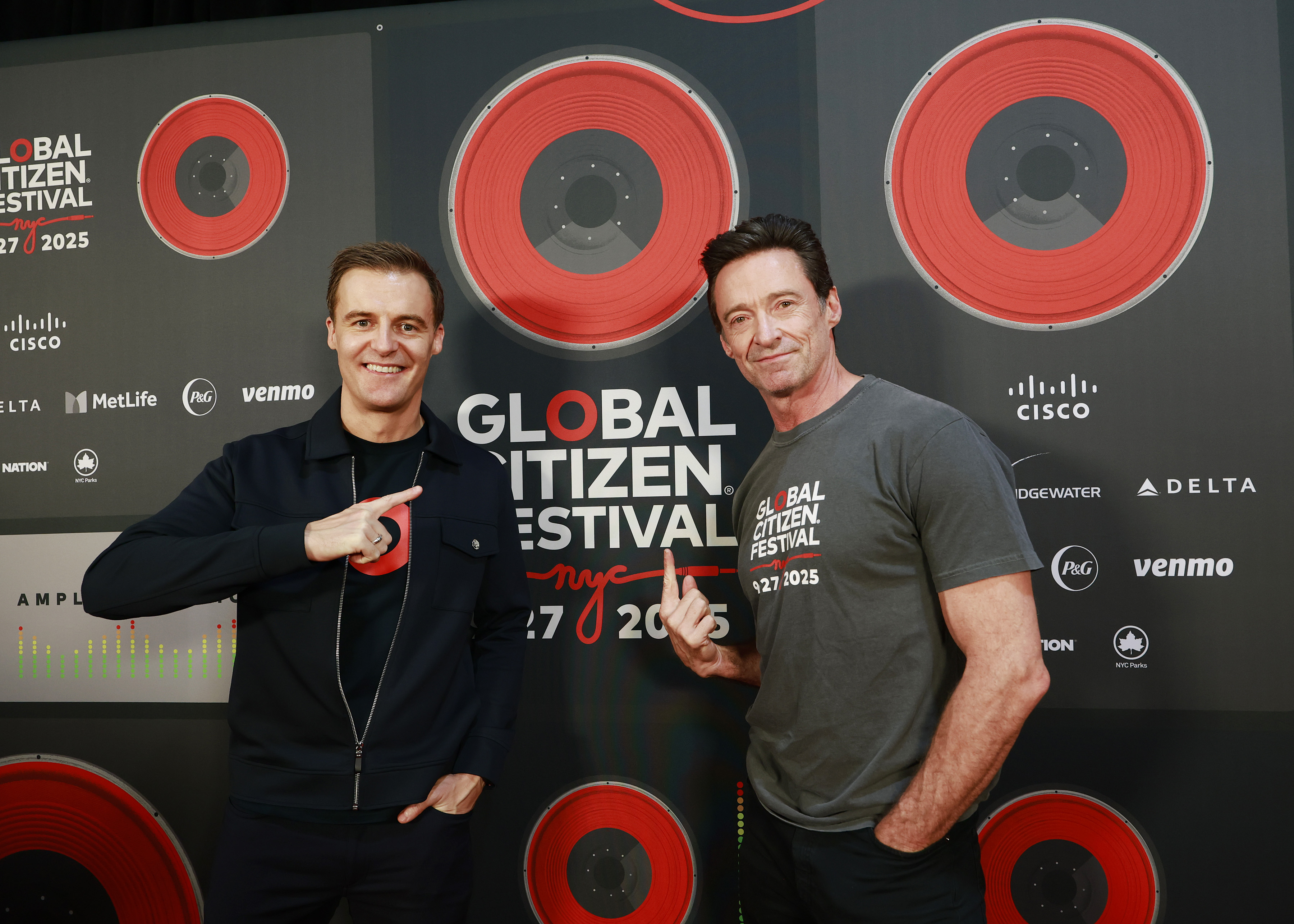 NEW YORK, NEW YORK - SEPTEMBER 27: (L-R) Hugh Evans, Founder & CEO of Global Citizen and Hugh Jackman attend the 2025 Global Citizen Festival at Central Park on September 27, 2025 in New York City.