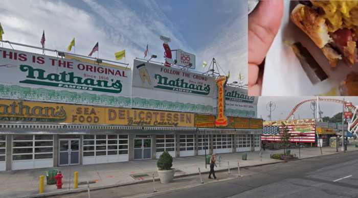 A frame from a TikTok video shows what a woman described as a razor blade she found in a hot dog purchased at the Brooklyn landmark