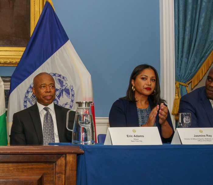 Mayor Adams hails subway safety gains before attacking reporter over 'sick' coverage of ex-City Hall official's tell-all book 2 Former Sports Czar Jasmine Ray and Mayor Eric Adams pictured at an event with Côte d’Ivoire delegates in Aug. 2024