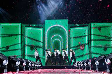 TOMORROW X TOGETHER (TXT) performing at the Prudential Center.
