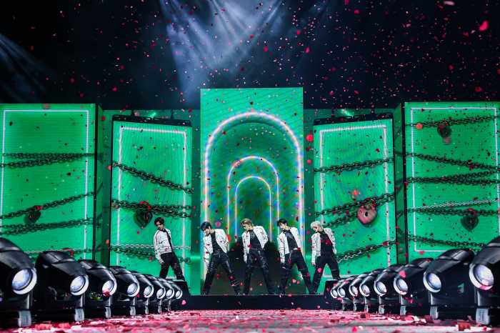 TOMORROW X TOGETHER (TXT) performing at the Prudential Center.
