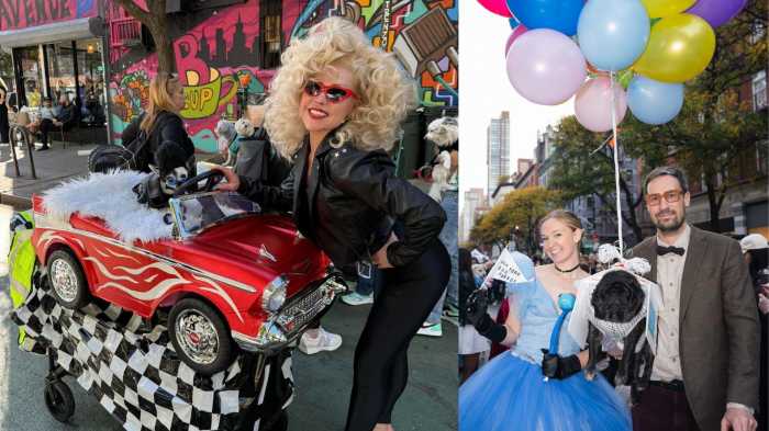 dogs dressed up in halloween costumes for the Tompkins square halloween dog parade