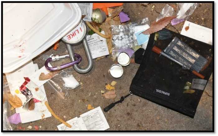 Washington Square Park drug market dismantled; five arrests linked to overdose death of Robert De Niro’s grandson 4 Photos show the sidewalk where the 43-year-old was found, including yellow bags of crack cocaine in a black pouch and empty light blue dope bags. Feds say they are linked to John Livigni and his associates, as well as pieces of purple dope bags and a red glassine envelope associated with other defendants, including Maliek Lugg and Christian Cortez, a/k/a “Bhris,” among additional drug paraphernalia