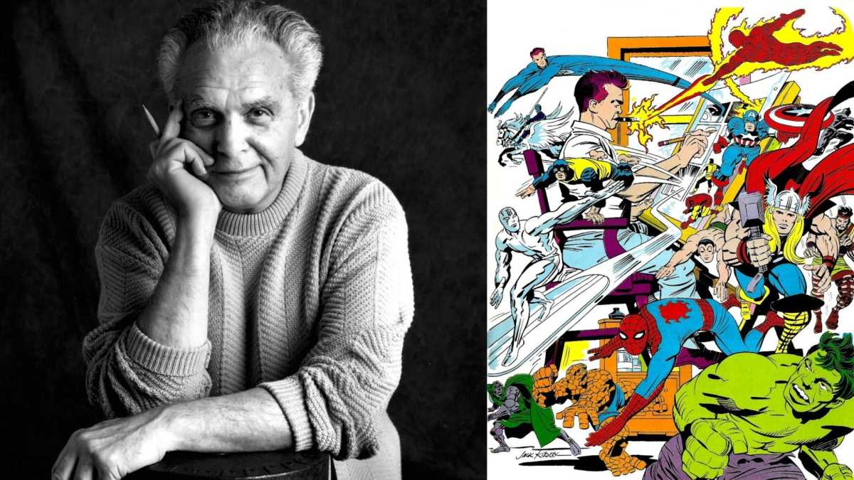 Jack Kirby (left), a cartoon portrait of Jack Kirby with superheroes