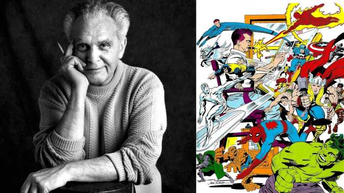 Jack Kirby (left), a cartoon portrait of Jack Kirby with superheroes