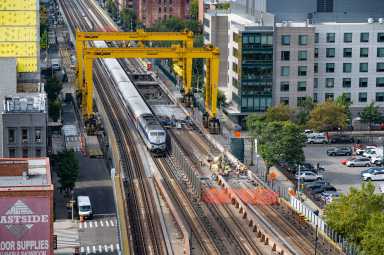 aerial view of metro-north trains on Park Avenue Viaduct