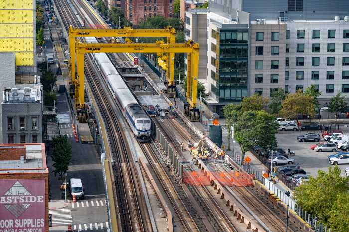 aerial view of metro-north trains on Park Avenue Viaduct