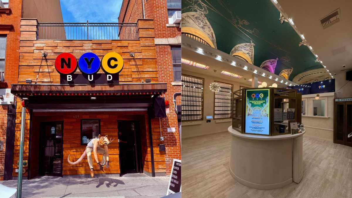 NYC BUD pays homage to Grand Central with opening of new Manhattan cannabis dispensary 1 a side-by-side of NYC Bud's exterior and interior at their Midtown cannabis store