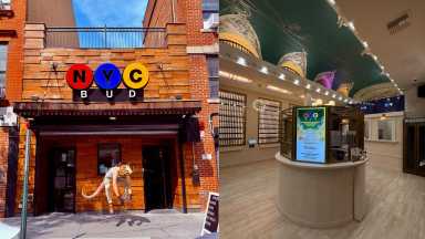 a side-by-side of NYC Bud's exterior and interior at their Midtown cannabis store