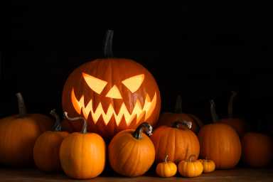 Halloween composition with glowing pumpkin face and small gourds on dark backdrop. Autumn holiday scene shown with creepy charm and decorative fall accents