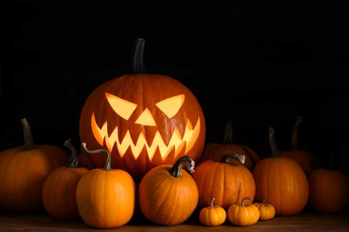 Halloween composition with glowing pumpkin face and small gourds on dark backdrop. Autumn holiday scene shown with creepy charm and decorative fall accents