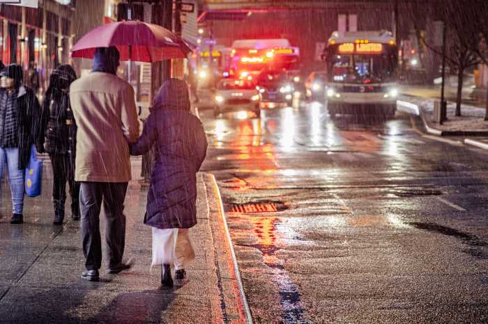 people walking on rainy winter street in NYC after daylight savings time ended