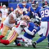 Injury-riddled Giants fall to 49ers, slide to 2-7 on the season 9 Giants quarterback sacked by 49er