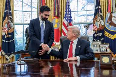 U.S. President Donald Trump and New York City Mayor-elect Zohran Mamdani shake hands as they meet in the Oval Office at the White House in Washington, D.C., U.S., November 21, 2025.