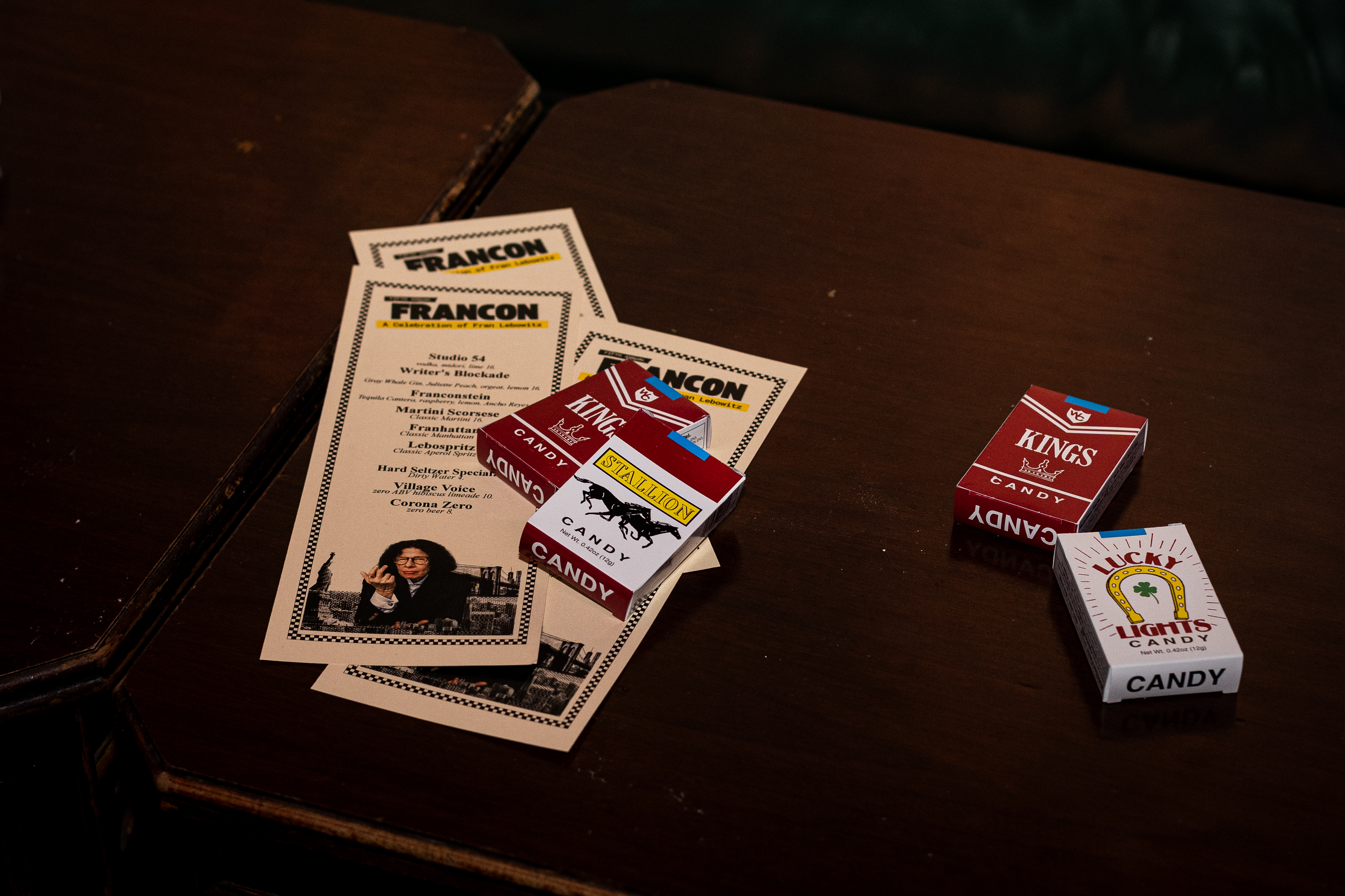 FranCon celebrates NYC's favorite writer, speaker and curmudgeon, Fran Lebowitz 8 francon menu and candy cigarettes