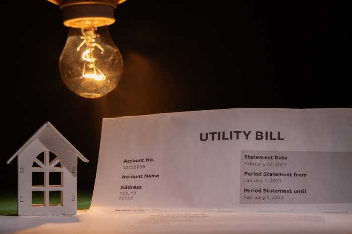 Utility bill and a house with a burning lightbulb, financial statement with cost breakdown, utility charges for electric power and heat, monthly budget planning
