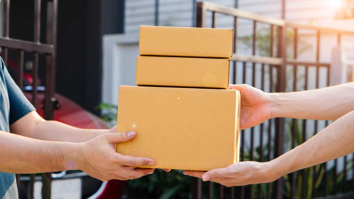 Man receiving parcel from delivery man