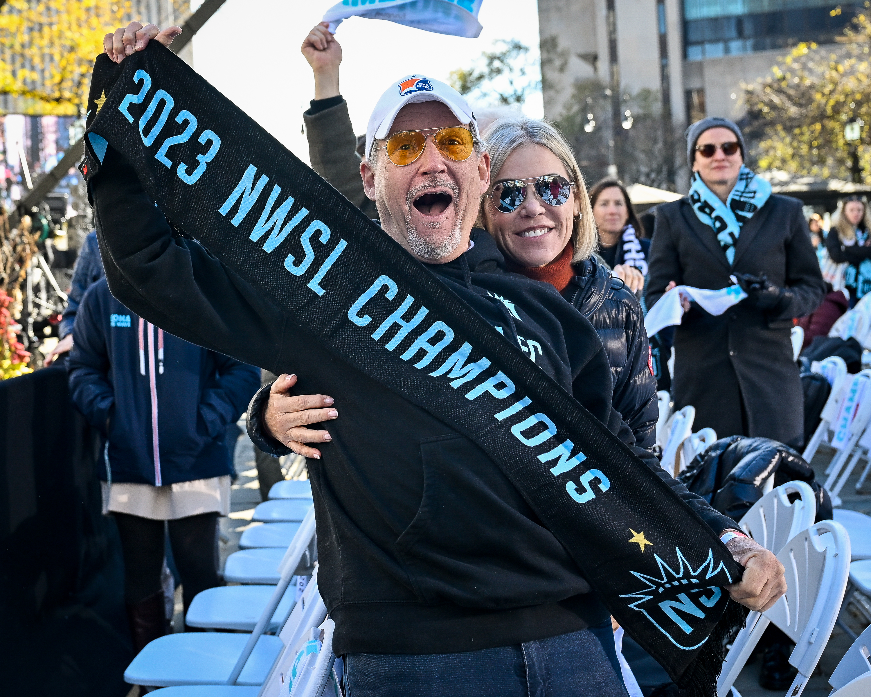 Fans celebrate the Gotham FC's 2025 NWSL championship. 